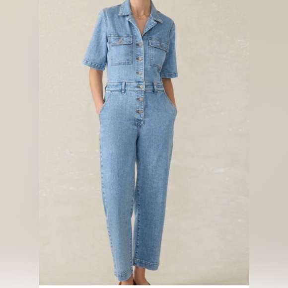 Faherty Women's Denim Michelle Short Sleeve Jumpsuit Button Front Size 6 NEW - Picture 1 of 15